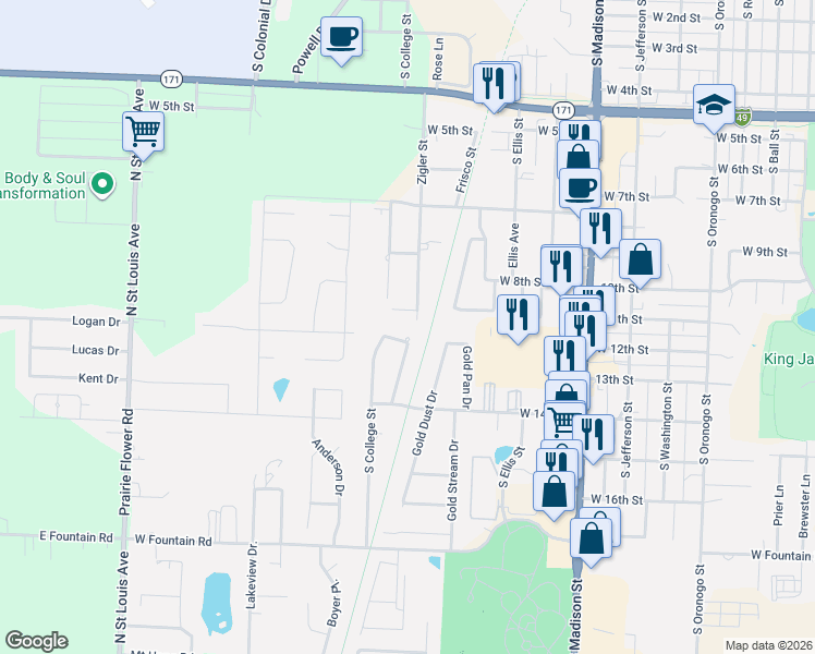 map of restaurants, bars, coffee shops, grocery stores, and more near 1207 Wildflower Drive in Webb City