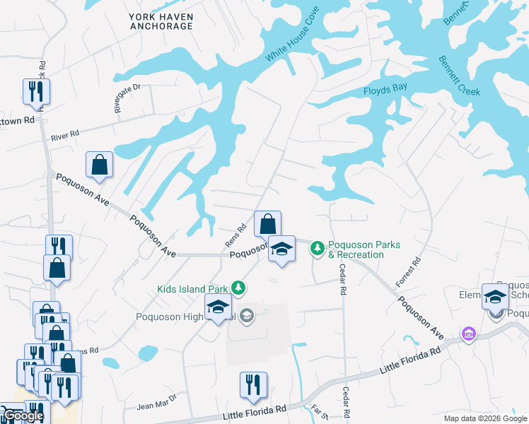 map of restaurants, bars, coffee shops, grocery stores, and more near 797 Poquoson Avenue in Poquoson