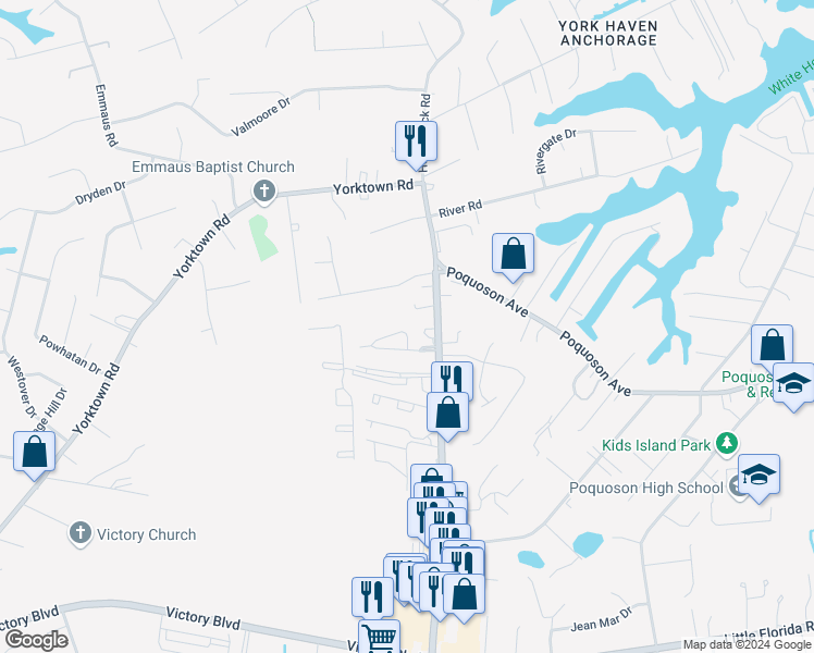 map of restaurants, bars, coffee shops, grocery stores, and more near 18 West Wainwright Drive in Poquoson