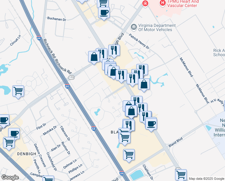map of restaurants, bars, coffee shops, grocery stores, and more near 574 Turnberry Boulevard in Newport News