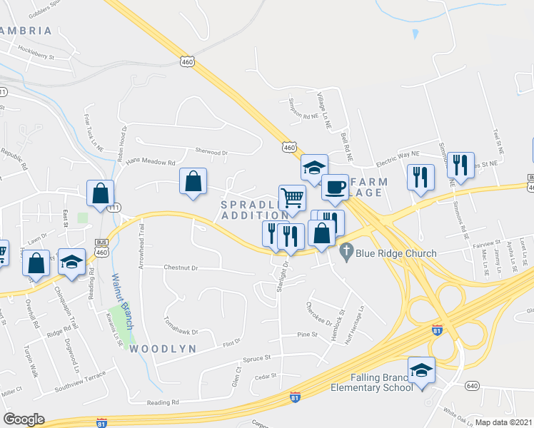 map of restaurants, bars, coffee shops, grocery stores, and more near 1448 Scott Street in Christiansburg