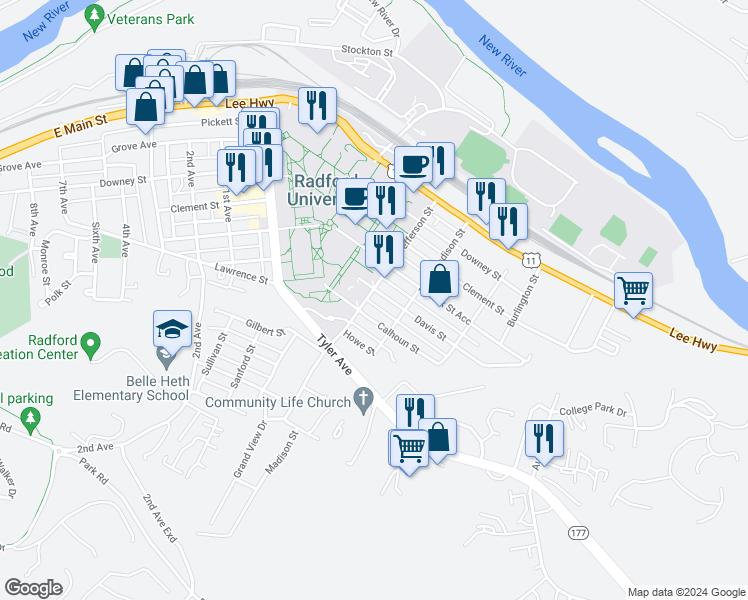 map of restaurants, bars, coffee shops, grocery stores, and more near 612 Calhoun Street in Radford