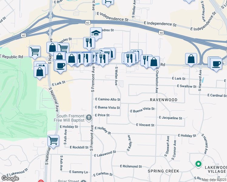 map of restaurants, bars, coffee shops, grocery stores, and more near 1539 East Camino Alto Street in Springfield
