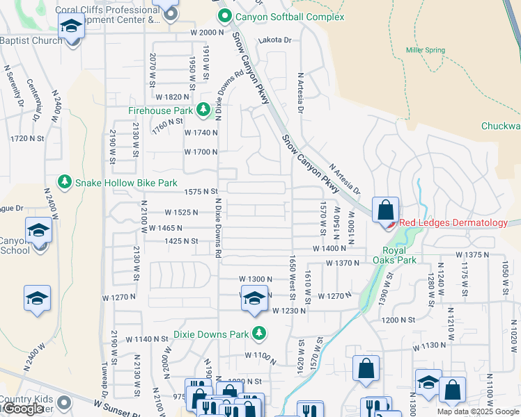 map of restaurants, bars, coffee shops, grocery stores, and more near 1526 North Dixie Downs Road in St. George