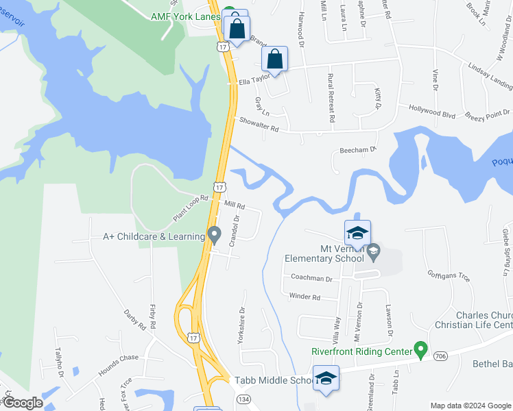 map of restaurants, bars, coffee shops, grocery stores, and more near 205 Mill Road in Yorktown