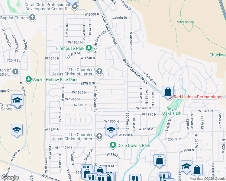 map of restaurants, bars, coffee shops, grocery stores, and more near 1526 North Dixie Downs Road in St. George
