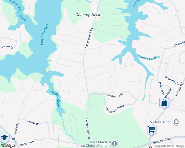 map of restaurants, bars, coffee shops, grocery stores, and more near 106 Lambs Creek Drive in Yorktown