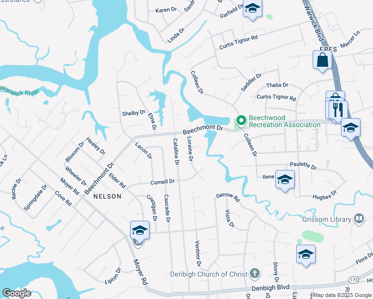 map of restaurants, bars, coffee shops, grocery stores, and more near 887 Loraine Drive in Newport News