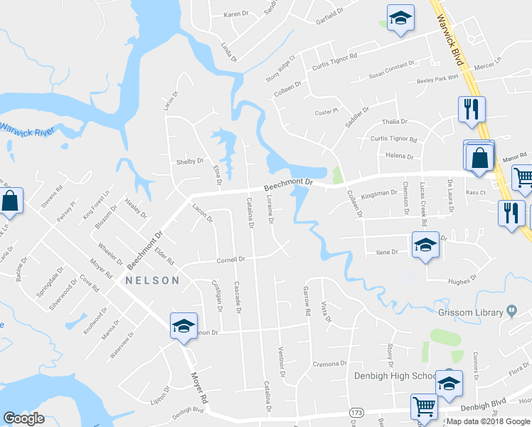 map of restaurants, bars, coffee shops, grocery stores, and more near 887 Loraine Drive in Newport News