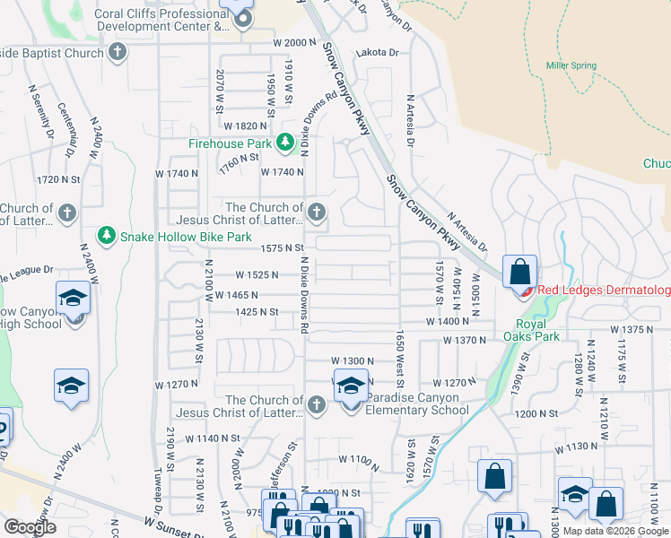 map of restaurants, bars, coffee shops, grocery stores, and more near Unnamed Road in St. George