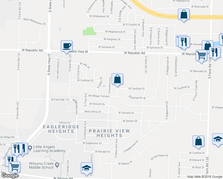 map of restaurants, bars, coffee shops, grocery stores, and more near 4404 South Hemlock Avenue in Springfield