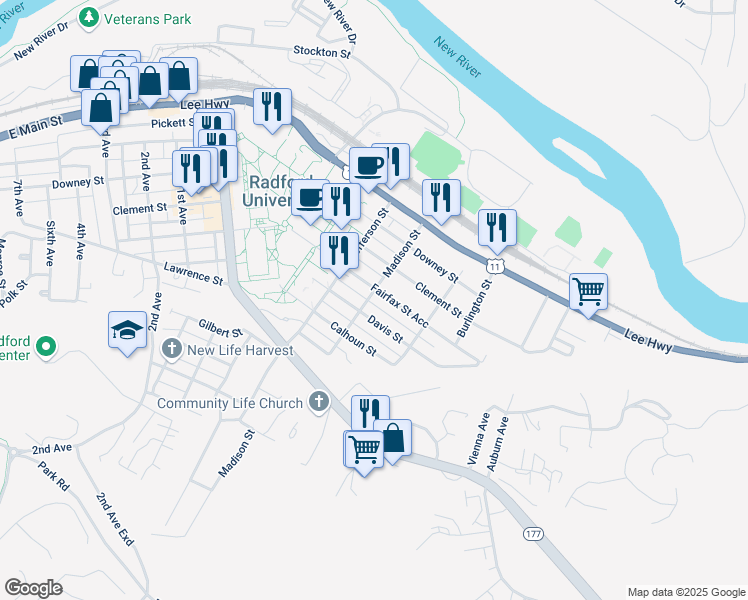 map of restaurants, bars, coffee shops, grocery stores, and more near 529 Fairfax Street in Radford