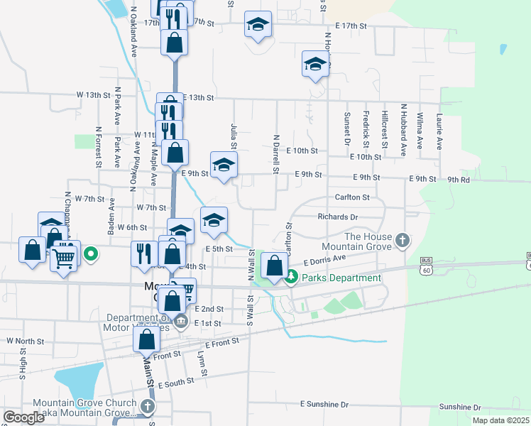 map of restaurants, bars, coffee shops, grocery stores, and more near Madeleine Court in Mountain Grove