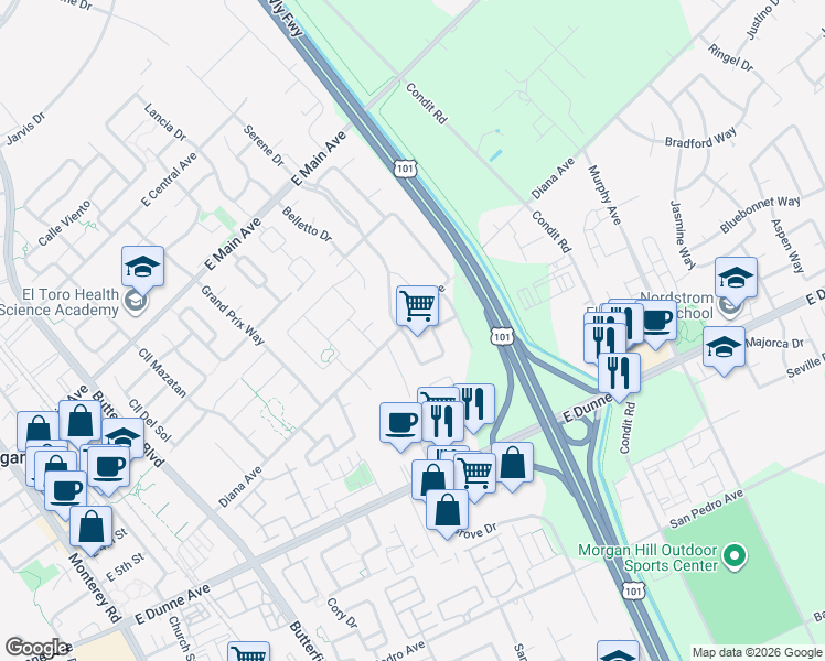 map of restaurants, bars, coffee shops, grocery stores, and more near 17398 Serene Drive in Morgan Hill