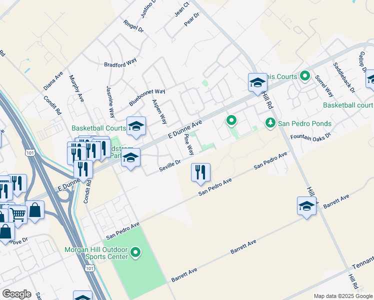 map of restaurants, bars, coffee shops, grocery stores, and more near 16935 Pine Way in Morgan Hill