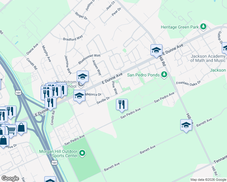 map of restaurants, bars, coffee shops, grocery stores, and more near 16905 Pine Way in Morgan Hill