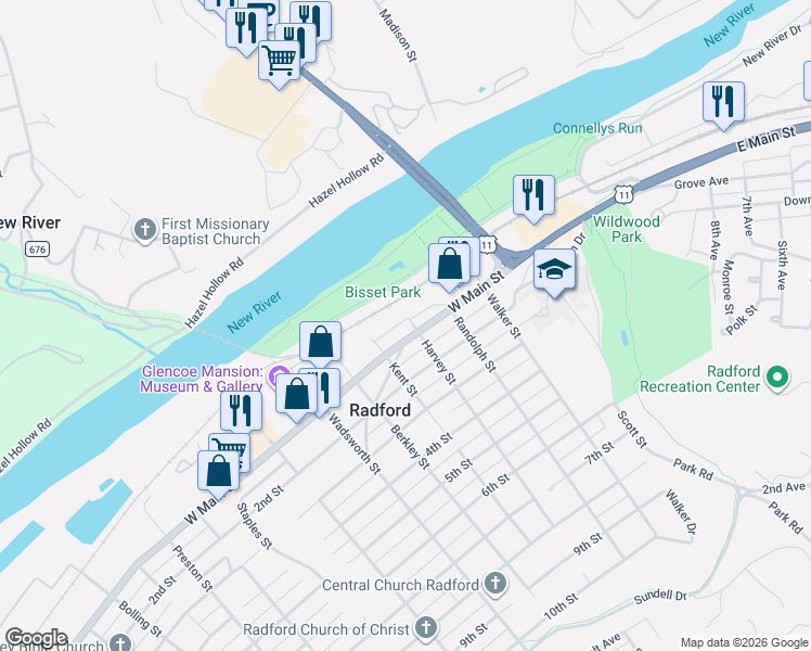map of restaurants, bars, coffee shops, grocery stores, and more near 311 West Main Street in Radford