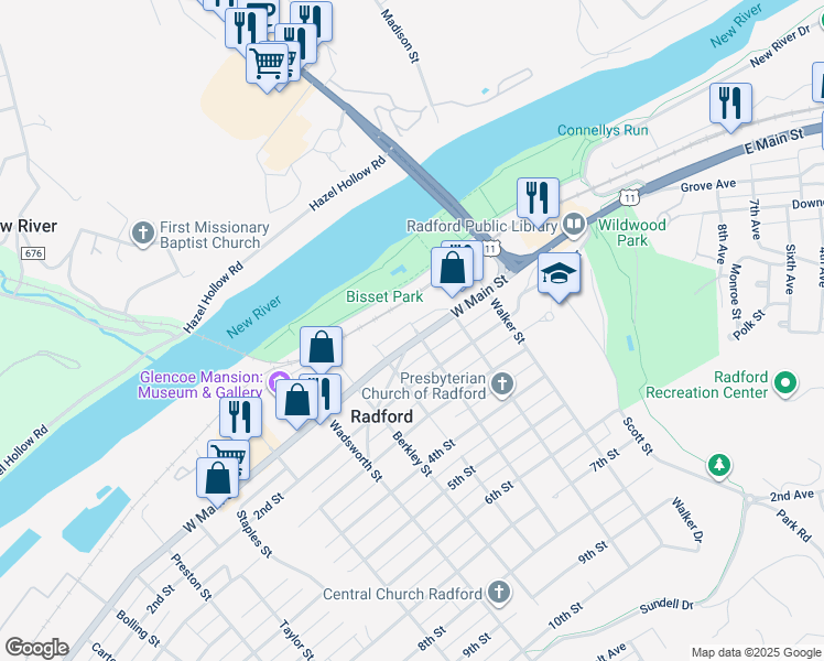 map of restaurants, bars, coffee shops, grocery stores, and more near 303 West Main Street in Radford