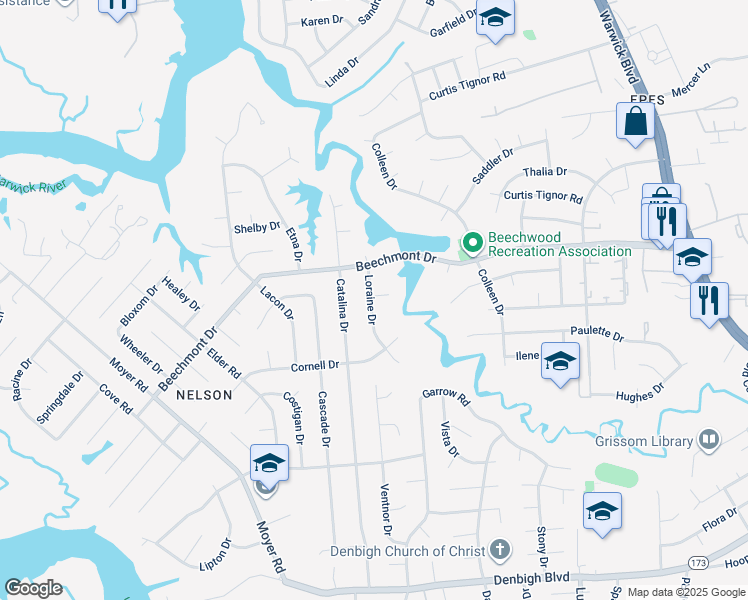 map of restaurants, bars, coffee shops, grocery stores, and more near 212 Talley Place in Newport News