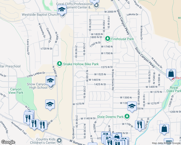 map of restaurants, bars, coffee shops, grocery stores, and more near 2066 West 1525 North in St. George
