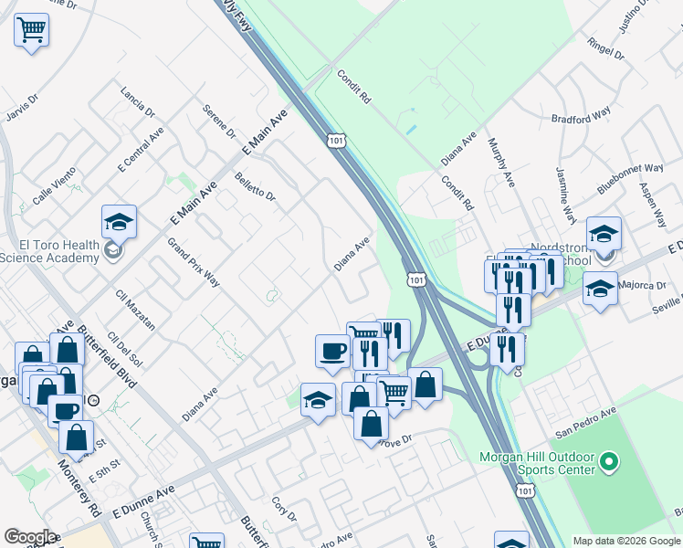 map of restaurants, bars, coffee shops, grocery stores, and more near 17398 Serene Drive in Morgan Hill