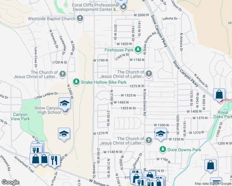map of restaurants, bars, coffee shops, grocery stores, and more near 2066 West 1525 North in St. George