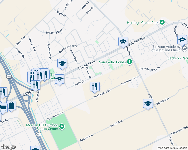 map of restaurants, bars, coffee shops, grocery stores, and more near 16935 Sugarpine Drive in Morgan Hill