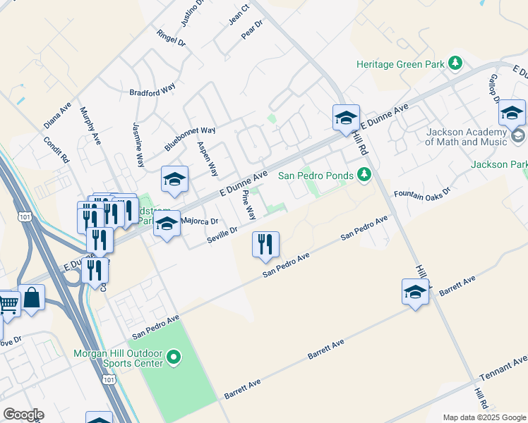 map of restaurants, bars, coffee shops, grocery stores, and more near 16935 Sugarpine Drive in Morgan Hill