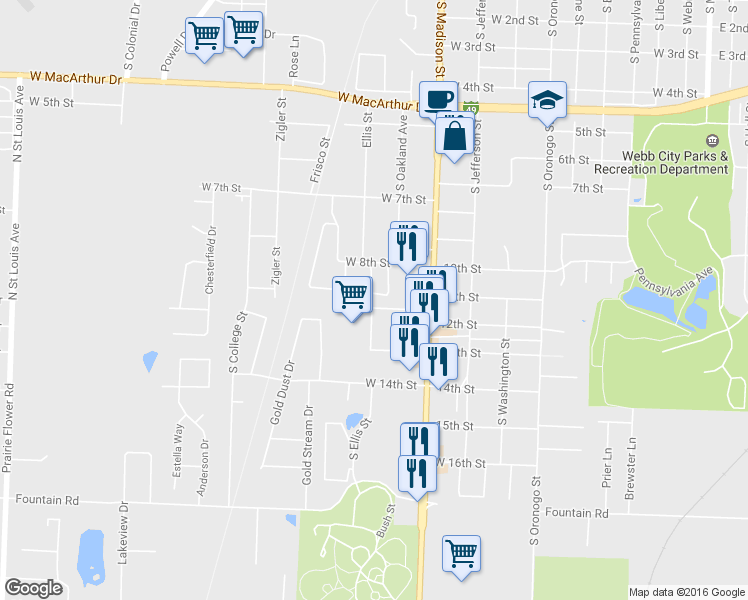 map of restaurants, bars, coffee shops, grocery stores, and more near 815 Horseshoe Drive in Webb City