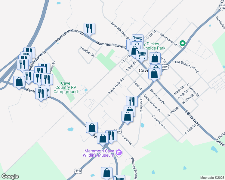 map of restaurants, bars, coffee shops, grocery stores, and more near 377 Baker Hale Road in Cave City