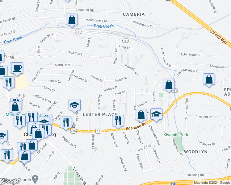 map of restaurants, bars, coffee shops, grocery stores, and more near 401 Park Street in Christiansburg