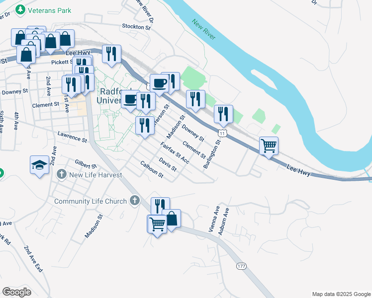 map of restaurants, bars, coffee shops, grocery stores, and more near 501 Clement Street in Radford