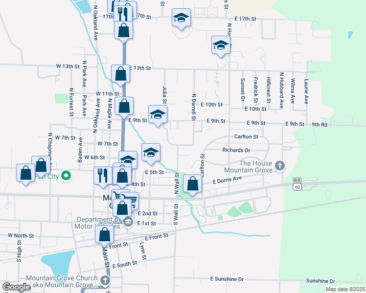 map of restaurants, bars, coffee shops, grocery stores, and more near Madeleine Court in Mountain Grove