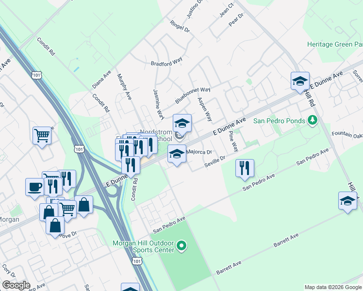 map of restaurants, bars, coffee shops, grocery stores, and more near 16970 Malaga Drive in Morgan Hill