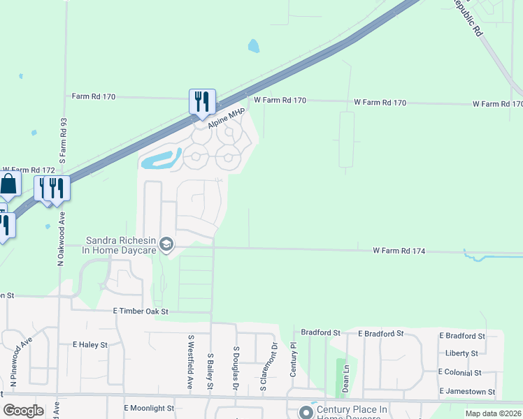 map of restaurants, bars, coffee shops, grocery stores, and more near 7381 West Farm Road 174 in Republic