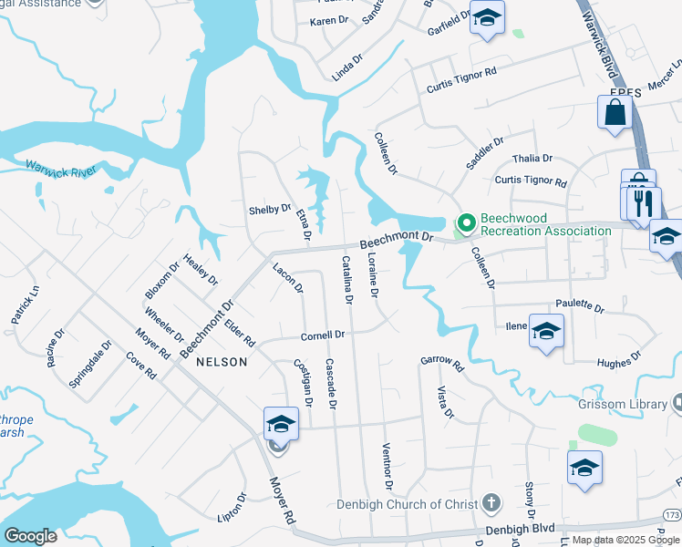 map of restaurants, bars, coffee shops, grocery stores, and more near 889 Catalina Drive in Newport News