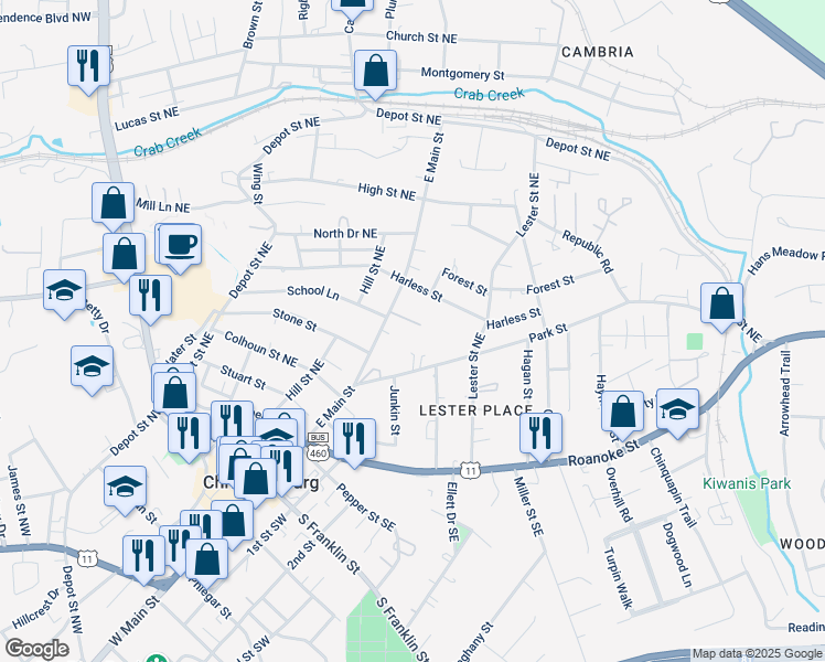 map of restaurants, bars, coffee shops, grocery stores, and more near 499 School Lane in Christiansburg