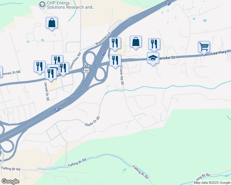 map of restaurants, bars, coffee shops, grocery stores, and more near 2635 Glade Drive Southeast in Christiansburg