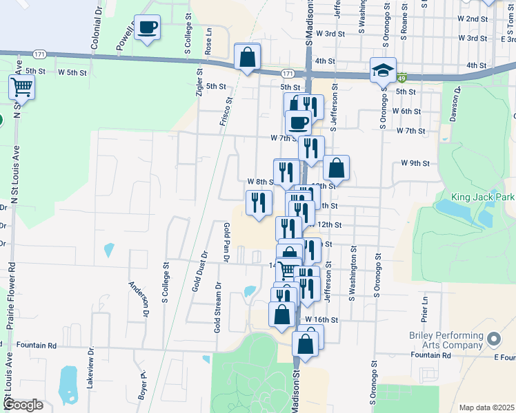 map of restaurants, bars, coffee shops, grocery stores, and more near 815 Horseshoe Drive in Webb City