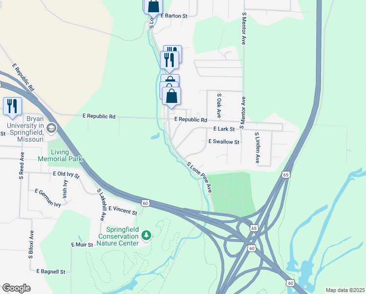 map of restaurants, bars, coffee shops, grocery stores, and more near Galloway Creek Greenway in Springfield