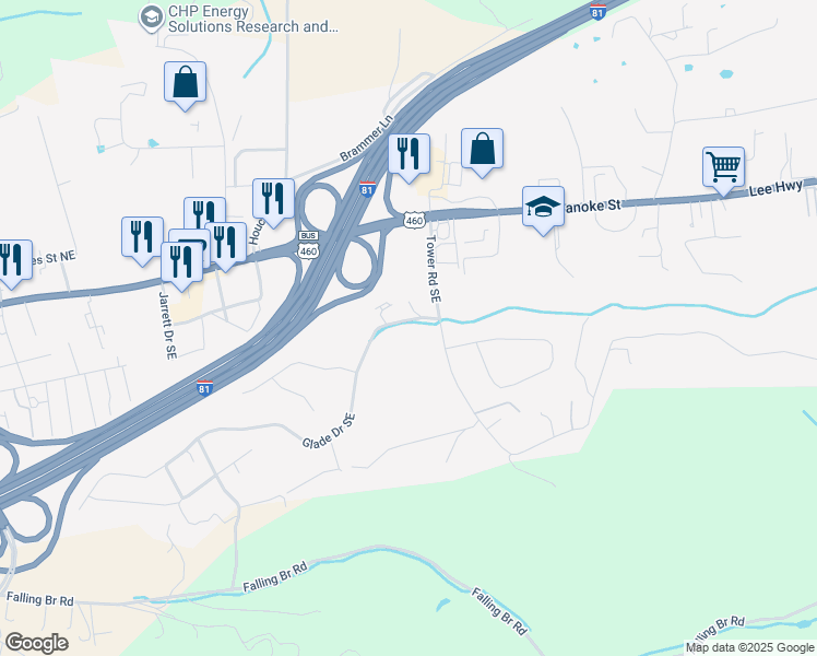map of restaurants, bars, coffee shops, grocery stores, and more near 2635 Glade Drive Southeast in Christiansburg