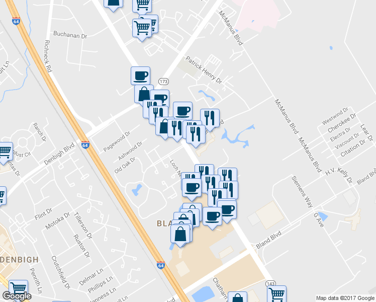 map of restaurants, bars, coffee shops, grocery stores, and more near 12705 Jefferson Ave in Newport News