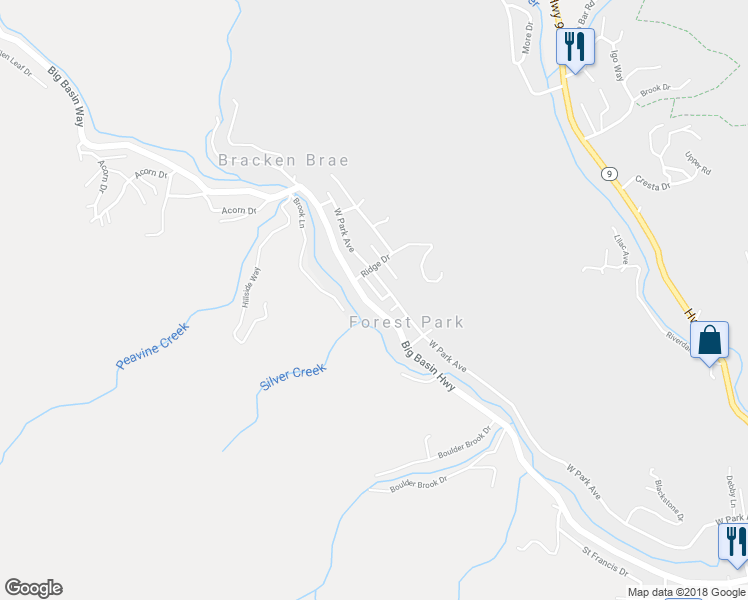 map of restaurants, bars, coffee shops, grocery stores, and more near 105 Garden Lane in Boulder Creek