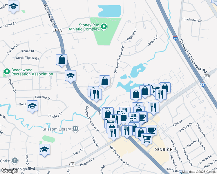 map of restaurants, bars, coffee shops, grocery stores, and more near 14534 Old Courthouse Way in Newport News