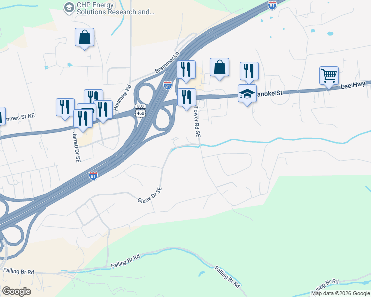map of restaurants, bars, coffee shops, grocery stores, and more near 2635 Glade Drive Southeast in Christiansburg
