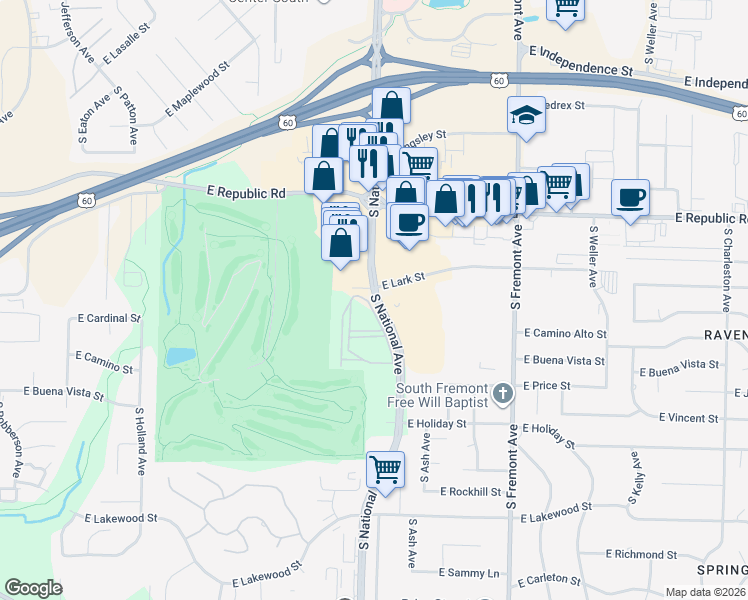 map of restaurants, bars, coffee shops, grocery stores, and more near 4440 S National Ave in Springfield