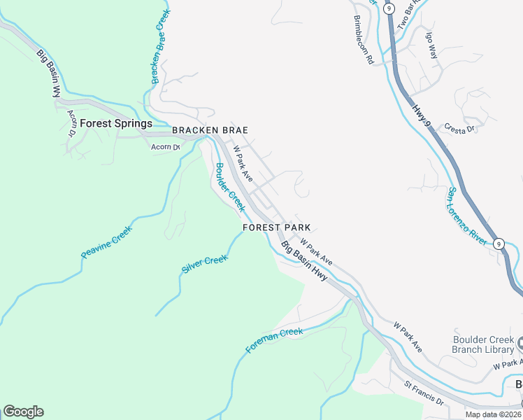 map of restaurants, bars, coffee shops, grocery stores, and more near 105 Garden Lane in Boulder Creek