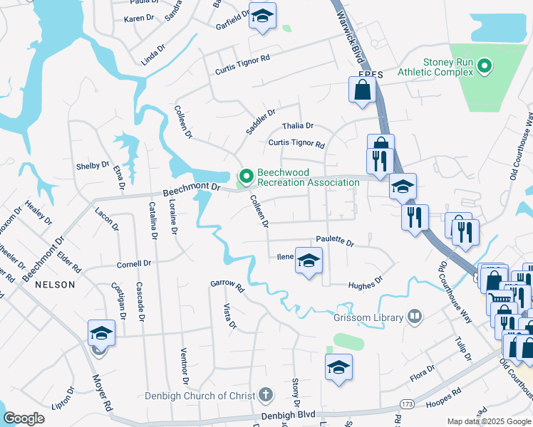 map of restaurants, bars, coffee shops, grocery stores, and more near 882 Colleen Drive in Newport News