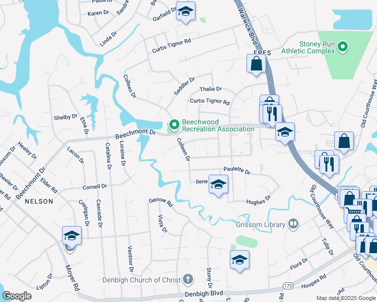 map of restaurants, bars, coffee shops, grocery stores, and more near 882 Colleen Drive in Newport News