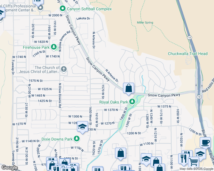 map of restaurants, bars, coffee shops, grocery stores, and more near 1549 West 1550 North in St. George